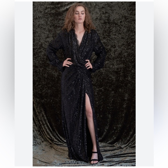 Jonathan‎ Simkhai Black Sequined Plunge Lace Draped Gown NWT - Picture 2 of 14